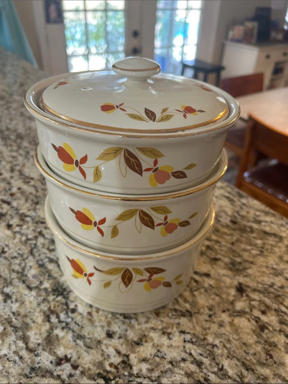Vintage Hall Jewel Tea Autumn Leaf Set of 3 Stackable Casserole Dish with Lid